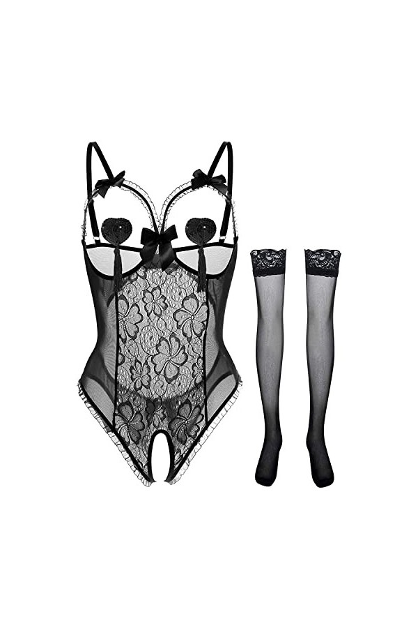 JFAN Femme Dentelle Ensemble de Lingerie Autocollants pour Les Seins Bas de Soie Chemises de Nuit 3 Pièces Rouge