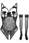 JFAN Femme Dentelle Ensemble de Lingerie Autocollants pour Les Seins Bas de Soie Chemises de Nuit 3 Pièces Rouge