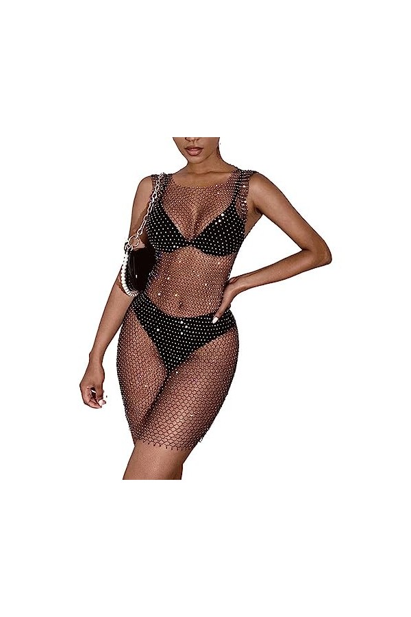 SUIOPPYUW Discothèque Stripper Club Femmes Robe en Résille Parti Pole Dancer Sexy Strass Robes Transparentes Femme Lap Dance,