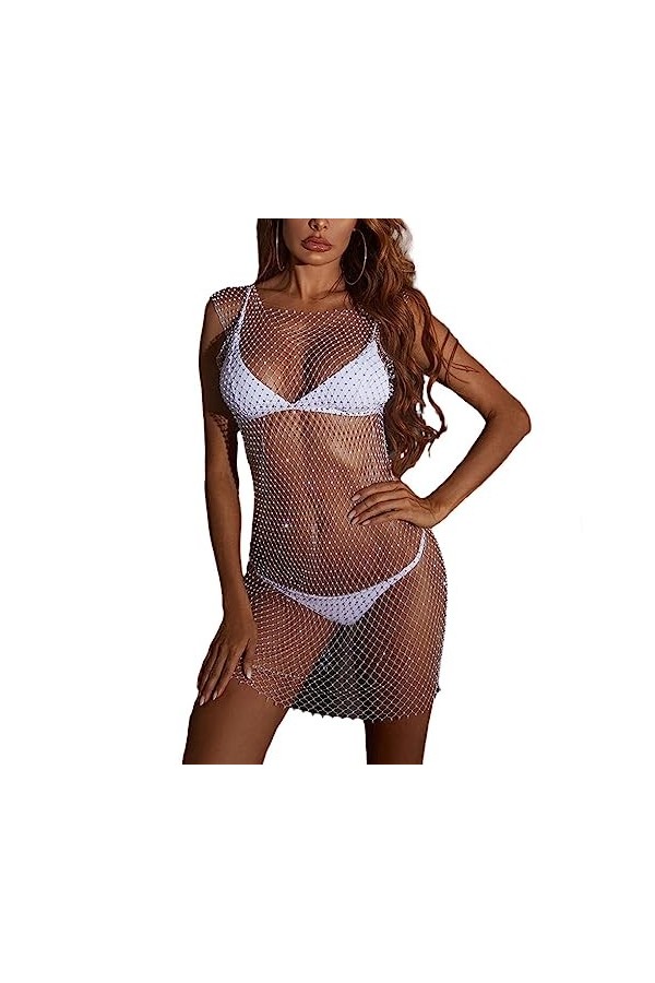SUIOPPYUW Discothèque Stripper Club Femmes Robe en Résille Parti Pole Dancer Sexy Strass Robes Transparentes Femme Lap Dance,