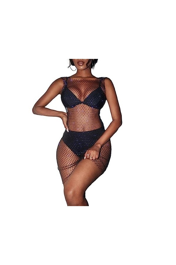 BEALIFE Stripper Club Femmes sans Manches résille au-Dessus du Genou Robe de soirée Sexy érotique Strass Transparent Robes Co