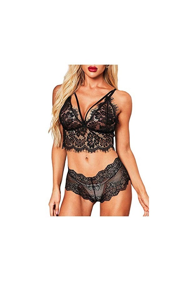 ZHIYU Ensemble Sexy Saint Valentin Deux Pièces Broderie Femmes Transparent Sous-Vêtements Lingerie Femme, Noir , S