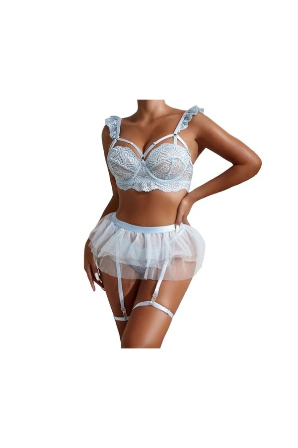 Ensemble Lingerie Femme, Ensemble de Lingerie Sexy pour Femme avec Porte Jarretelles Soutien Gorge et Culotte en Maille Sexy 