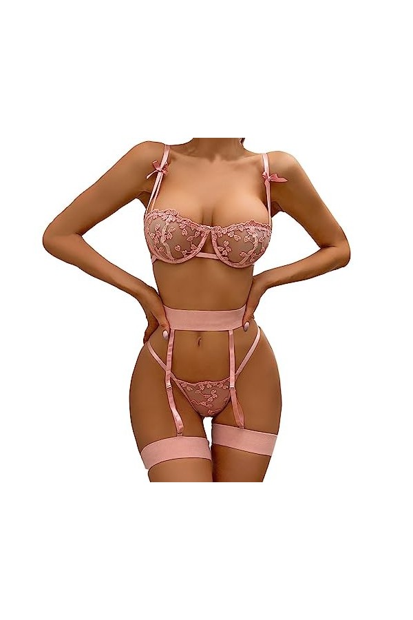 Ensemble Lingerie Femme, Ensemble de Lingerie Sexy pour Femme avec Porte Jarretelles Soutien Gorge et Culotte en Maille Sexy 