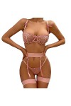 Ensemble Lingerie Femme, Ensemble de Lingerie Sexy pour Femme avec Porte Jarretelles Soutien Gorge et Culotte en Maille Sexy 