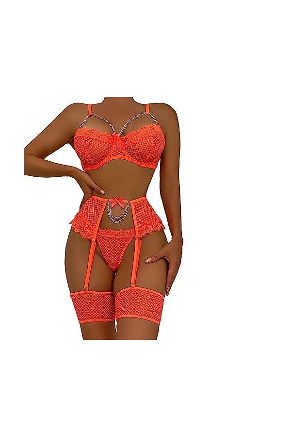 Ensemble Lingerie Femme, Ensemble de Lingerie Sexy pour Femme avec Porte Jarretelles Soutien Gorge et Culotte en Maille Sexy 