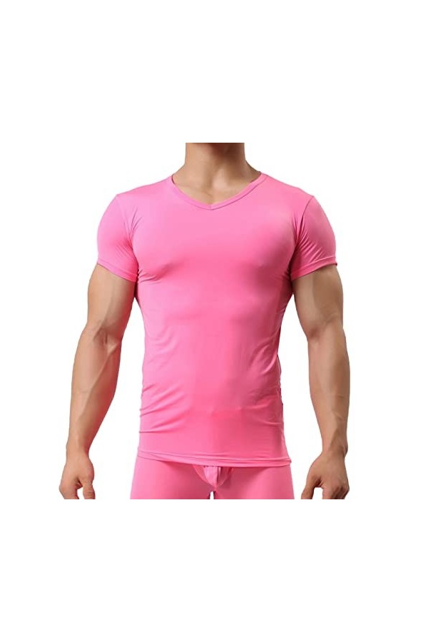 T-shirt à manches courtes en soie glacée pour homme - Ultra mince - Translucide - Mode dété - Haut sculptant - Vêtement din