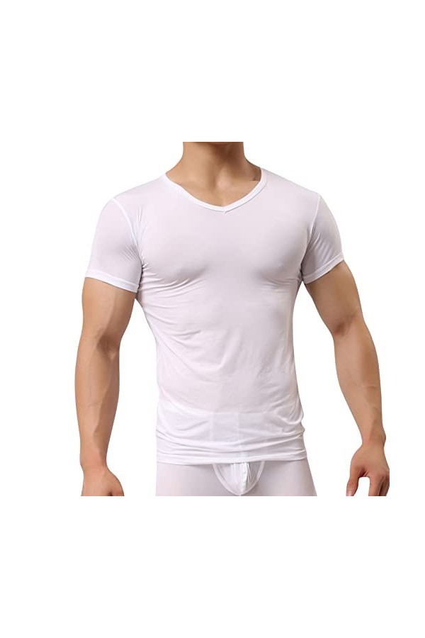 T-shirt à manches courtes en soie glacée pour homme - Ultra mince - Translucide - Mode dété - Haut sculptant - Vêtement din