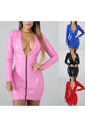 Robe moulante sexy pour femme - Effet mouillé - En cuir verni - Avec fermeture éclair sur le devant - Manches longues - Mini 