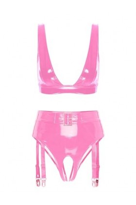 Kaerm Ensemble Lingerie Latex Sexy Femme Demi Soutien-Gorge Seins Nu Dentelle String Ficelle Clubwear sous-Vêtement S-4XL Ros