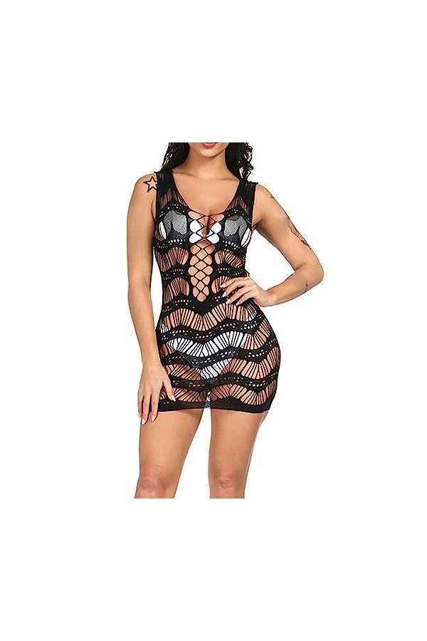 ZDJSWJ Femmes V Neck Fishing Net Pyjama Maille sous-vêtements Mini Robe Une Taille sous-vêtements Full Body Fishing Net Pyjam
