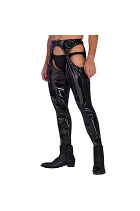 CHICTRY Homme Sissy Pantalon en Cuir Verni Wetlook Brillant Body Pantalon Ouvert Entrejambe et Fesse Vêtement de Nuit Nuisett