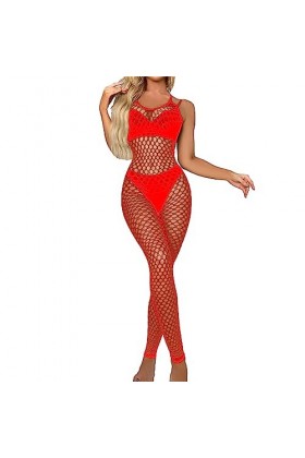 Femmes Fishing Net Tights Teddy Lingerie Mesh Tights Combinaison Pyjama Manches Longues Tulle Lingerie poupée Rouge,Taille U