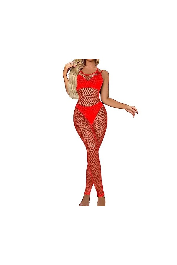 Combinaison Filet de pêche Femme Teddy Lingerie Pyjama avec Chaussettes en Maille Poupée de Lingerie Sheer à Manches Longues 