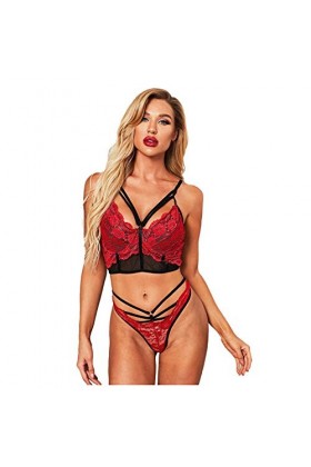 DUHGBNE Ensemble sexy 2 pièces pour femme avec broderie sexy pour la Saint-Valentin, rouge, L