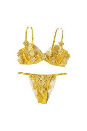 ZHIYU Soutien-gorge en dentelle Sexy Palette Broderie G-string Vêtements Bustier Fleurs Filet Tenue Femme Sexy, jaune, S