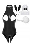 JEATHA Costume De Lapin Sexy Femme Bodysuit Sexy Ouvert Poitrine Catsuit Similicuir Sans Manches Ensemble Lingerie Séduction 