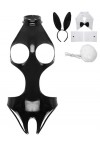 JEATHA Costume De Lapin Sexy Femme Bodysuit Sexy Ouvert Poitrine Catsuit Similicuir Sans Manches Ensemble Lingerie Séduction 