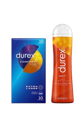 DUREX- Lot de Préservatifs et Lubrifiant - 1 Boîte de Préservatifs Confort XXL x10 - Gel Lubrifiant Hot 100ml