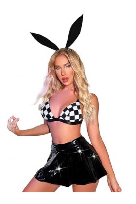 iiniim Lingerie Ensemble Déguisement Lapin Uniforme Femme Sexy Soutien Gorge Jupe En Cuir Verni Nuisette Jeu de Rôle Cosplay 