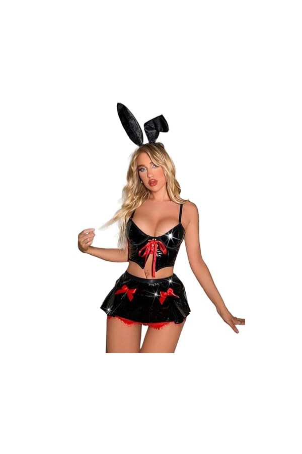 iiniim Lingerie Ensemble Déguisement Lapin Uniforme Femme Sexy Soutien Gorge Jupe En Cuir Verni Nuisette Jeu de Rôle Cosplay 
