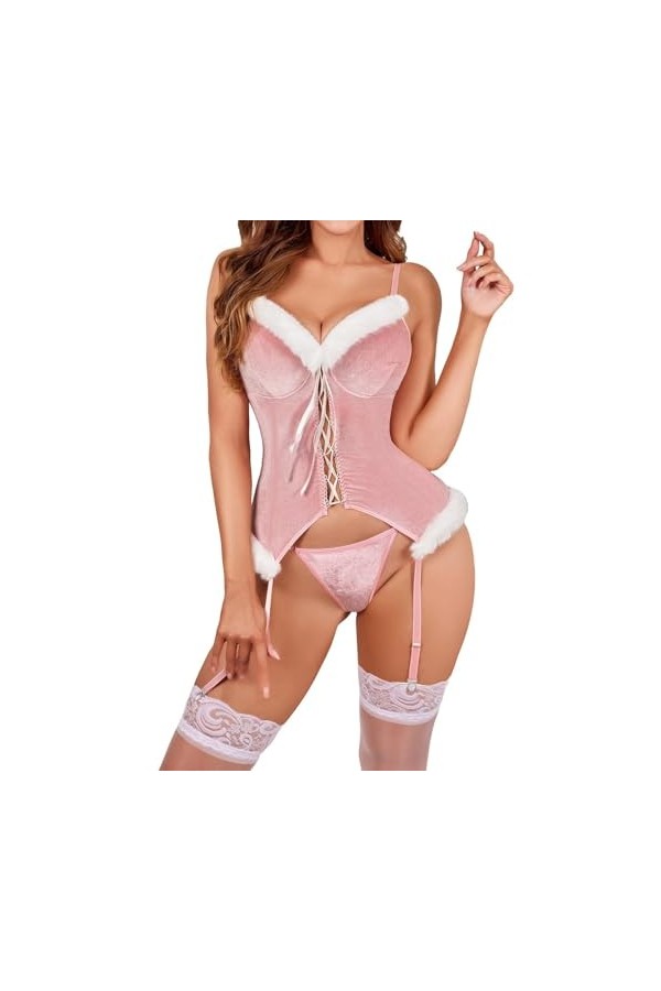OIUHJN Lingerie sexuelle en peluche de Noël pour femme - Couleur unie - Porte-jarretelles, Rose, S