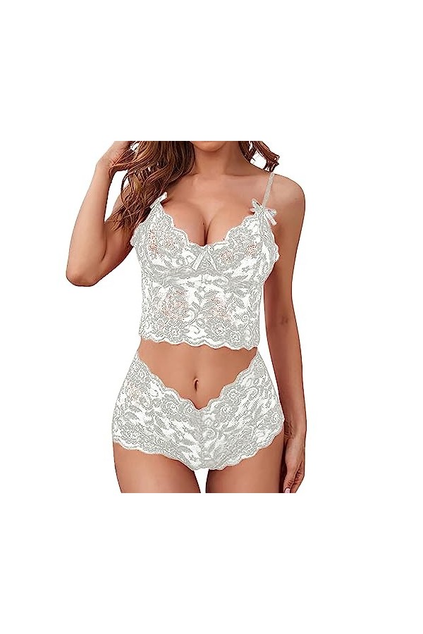 ZDJSWJ Femmes Dentelle Soutien-Gorge et Culotte Set de 2 pièces Sangles poupées Body Fleur Dentelle Pyjama sous-vêtements Ro