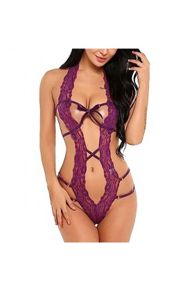 ZDJSWJ Femmes Deep V Halter Lingerie Une pièce poupée Lingerie Dentelle Teddy Body Lingerie Pyjama Blanc,S 