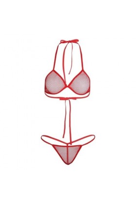 Tenue Sexy Soutien-Gorge Transparent en Résille Transparente, String, Rouge, L