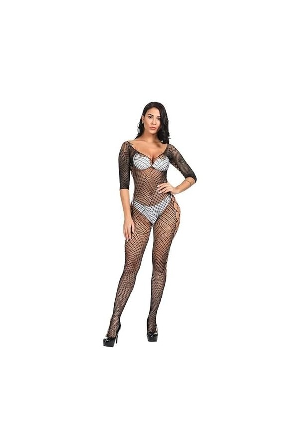 Lingerie Sexy Femme Coquine Hot Ouverte Bas Résille Creux À Manches Longues, Noir, Taille Unique