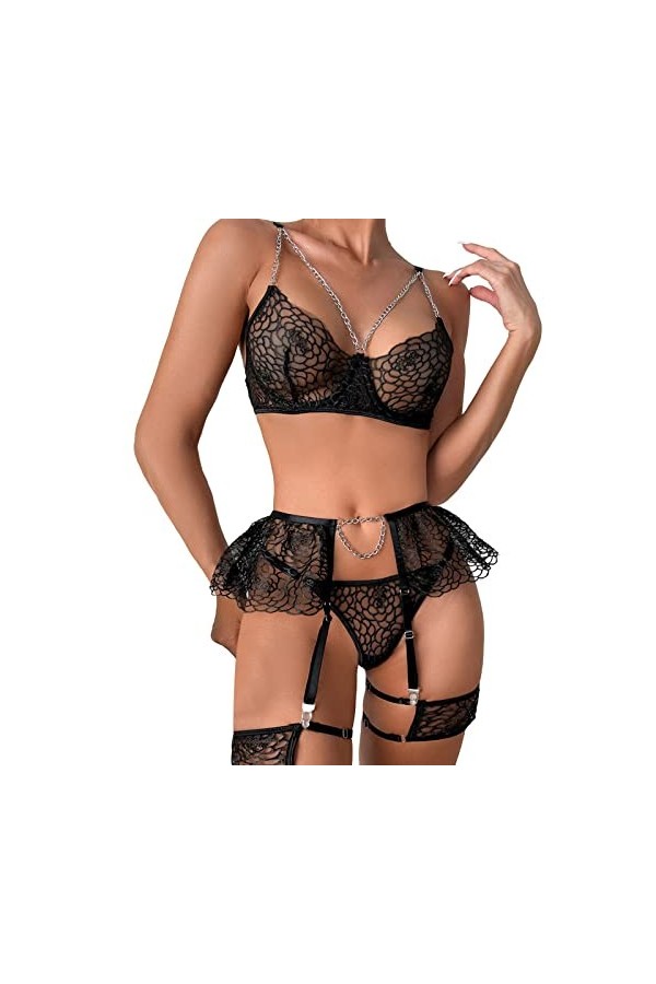 Ensemble Lingerie Sexy Femme Érotique, Ensemble de Lingerie pour Femmes avec Porte-Jarretelles Soutien-Gorge Sexy et Culotte 