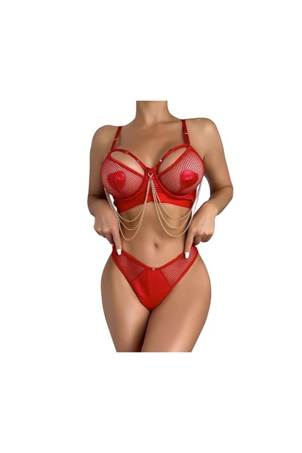 DUHGBNE Ensemble de lingerie effet mouillé pour femme - Dos nu - Body - Chaîne à pompons en métal - Vêtement de nuit - Clubwe