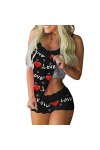 DUHGBNE Femmes Saint-Valentin imprimé pyjama sans manches dentelle top sexy transparent, Noir , XL