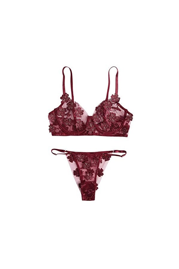 DUHGBNE Dentelle G-string Bralette Bustier Soutien-gorge Charmant Fleurs Broderie Thong Lingerie Sexy Femme, jaune, S