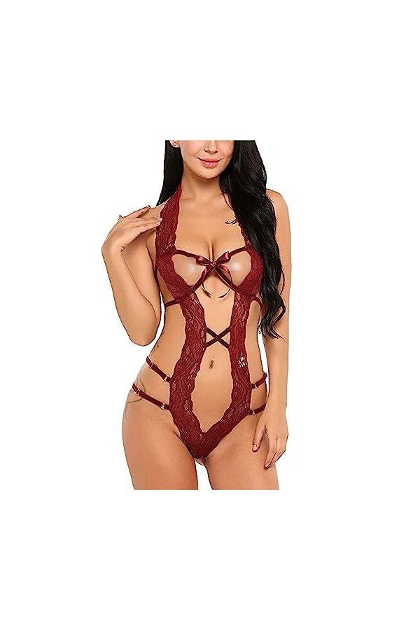 ZDJSWJ sous-vêtements Deep V Halter pour Femme Body poupée sous-vêtements Dentelle Teddy Combinaison sous-vêtements Pyjama B