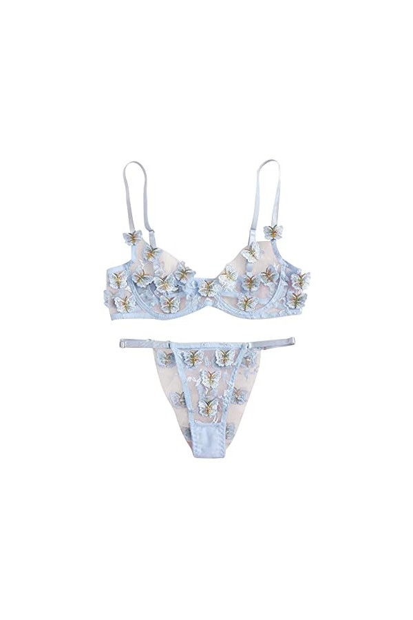 DUHGBNE Sous-vêtements Dentelle Papillon Broderie Chambre Lingerie Femme Sexy, bleu, S
