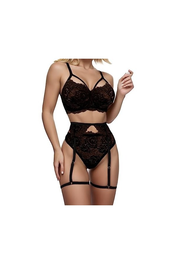 Ensemble Lingerie Feminine Sexy, Ensemble de Lingerie Sexy pour Femme avec Porte Jarretelles Soutien Gorge et Culotte en Mail