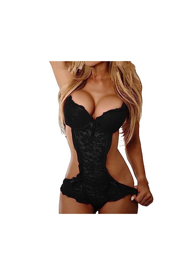 ZDJSWJ Femmes One Piece Deep V Neck Lashes Dentelle Collants Lingerie Ensemble Dos Nu poupée sous-vêtements Noir,S