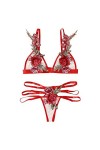 DUHGBNE String sexy en dentelle rose avec broderie, bustier, lingerie de luxe, rouge, S