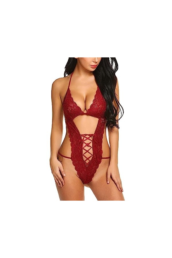 ZDJSWJ sous-vêtements serrés en Dentelle pour Femmes Pyjama Une pièce Deep V Teddy Lashes Dentelle poupée Pyjama Rouge,S 