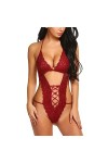 ZDJSWJ sous-vêtements serrés en Dentelle pour Femmes Pyjama Une pièce Deep V Teddy Lashes Dentelle poupée Pyjama Rouge,S 
