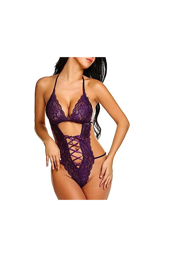 ZDJSWJ sous-vêtements serrés en Dentelle pour Femmes Pyjama Une pièce Deep V Teddy Lashes Dentelle poupée Pyjama Rouge,S 