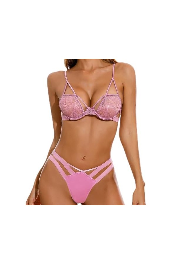 Robe pyjama sexy avec bordure en dentelle transparente pour femme, rose, M