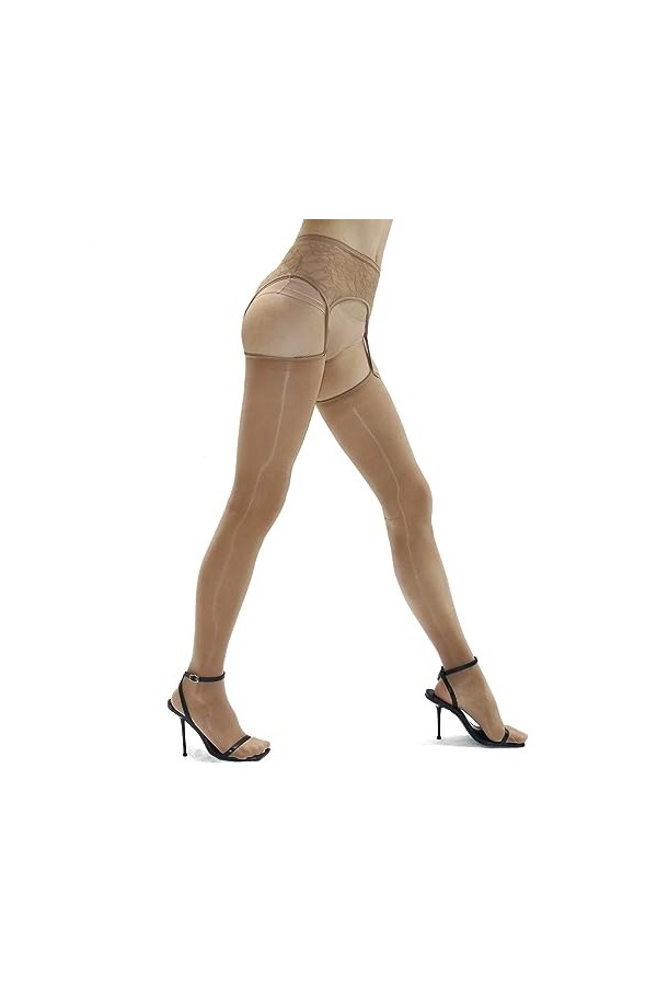 HTRUIYATY Sexy Bas Femme et Dentelle Porte-Jarretelles Set 8 Deniers Ultra Élasticité Soyeux Collant Brun