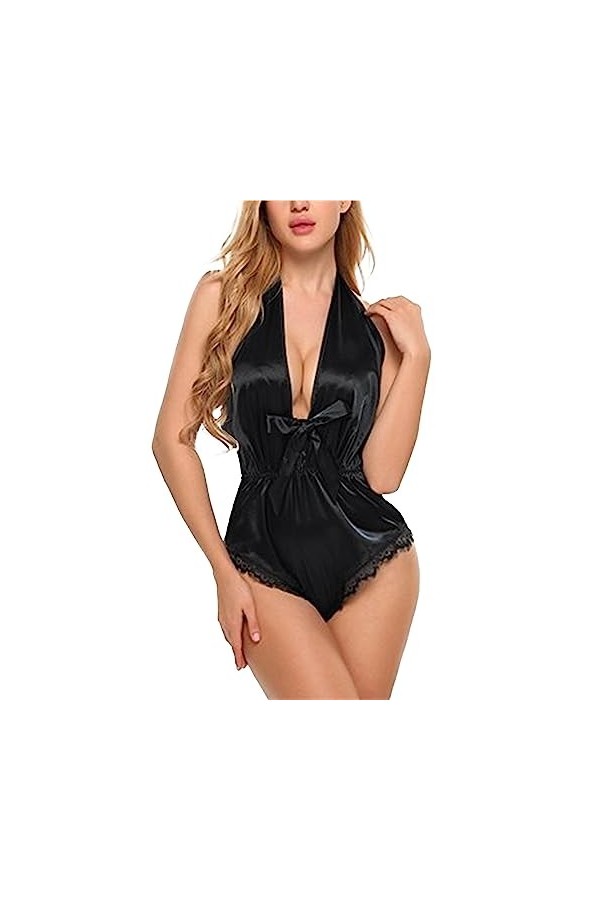 ZDJSWJ sous - vêtements Femme One Piece Deep V Teddy Body topback Lingerie Pyjama de poupée en Maille de Dentelle Bleu Profo