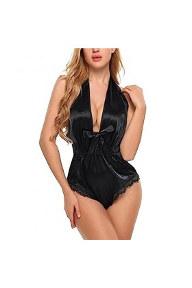 ZDJSWJ Femmes Une pièce Deep V Lingerie Teddy Body topback Lingerie Dentelle Mesh poupée Pyjama Noir,XL 