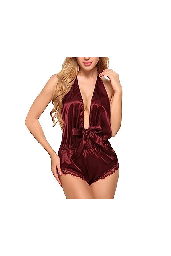 ZDJSWJ Femmes Une pièce Deep V Lingerie Teddy Body topback Lingerie Dentelle Mesh poupée Pyjama Noir,XL 