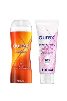 DUREX - Lot de 2 Gels Lubrifiants - Massage Ylang Ylang 200 ml - Gel Naturel à lExtrait dAloe Vera 100 ml
