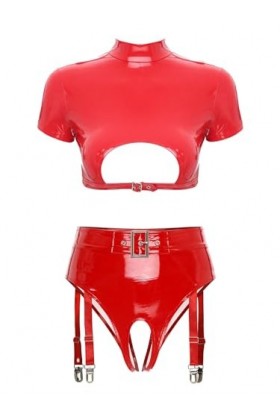 Kaerm Ensemble Lingerie Latex Sexy Femme Demi Soutien-Gorge Seins Nu Dentelle String Ficelle Clubwear sous-Vêtement S-4XL Rou