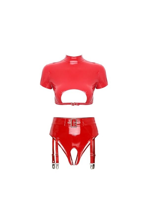 Kaerm Ensemble Lingerie Latex Sexy Femme Demi Soutien-Gorge Seins Nu Dentelle String Ficelle Clubwear sous-Vêtement S-4XL Rou